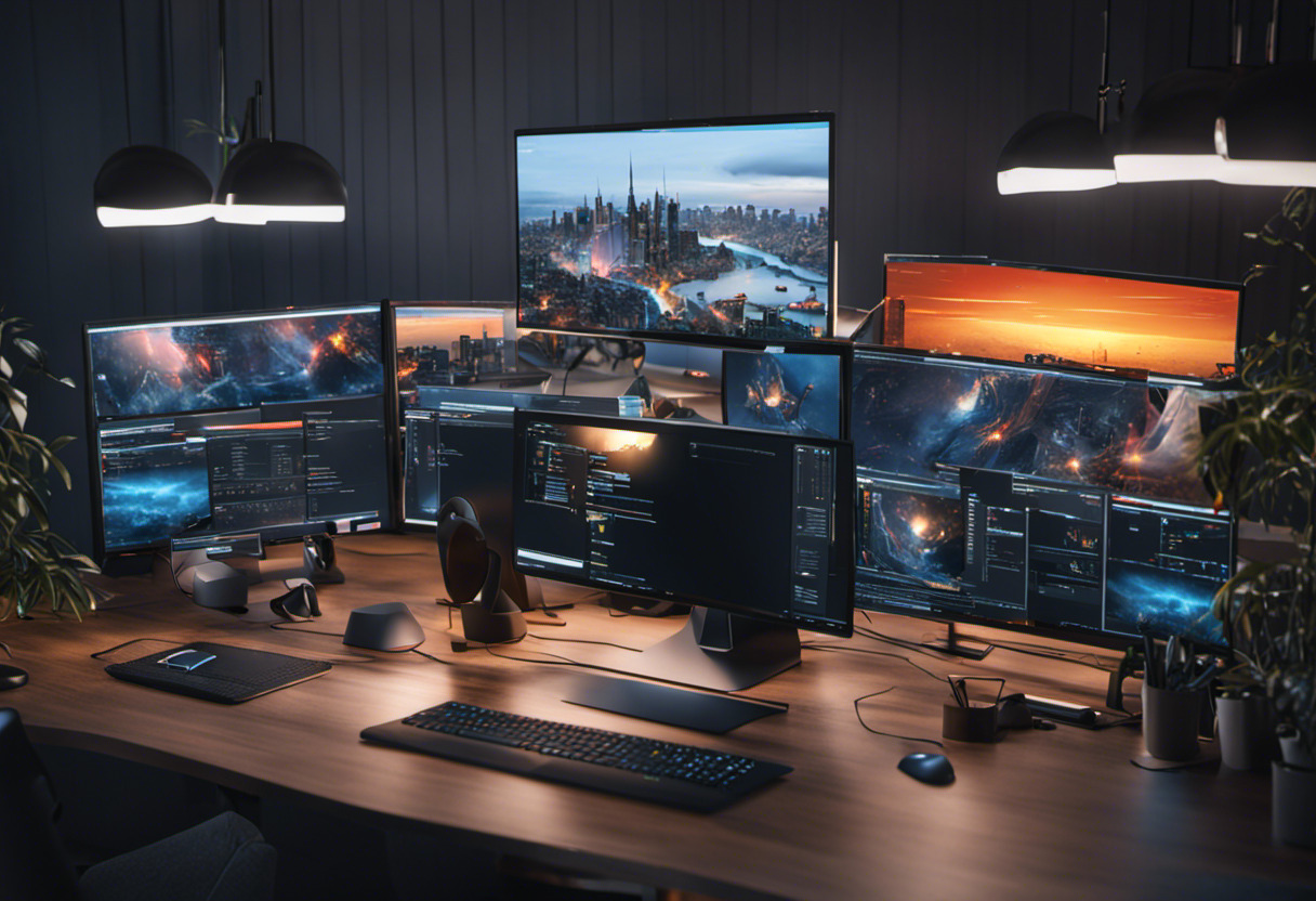 Developer surrounded by multiple screens displaying 3D animations