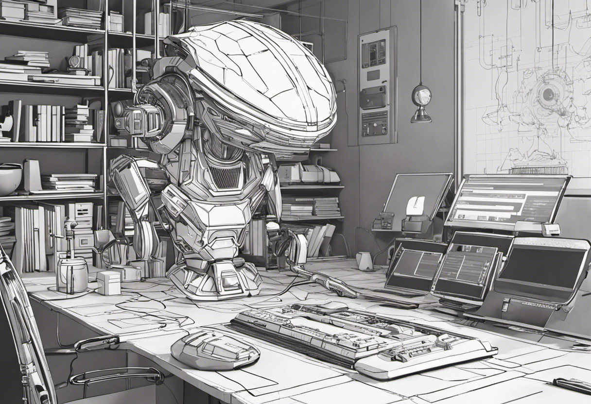 3D graphics artist, proudly showcasing a richly textured model of an alien spaceship on his advanced computing setup.