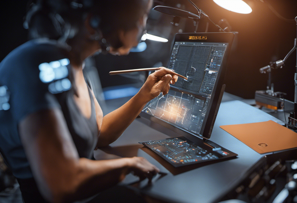 A film producer examining animation graphics on a digital tablet