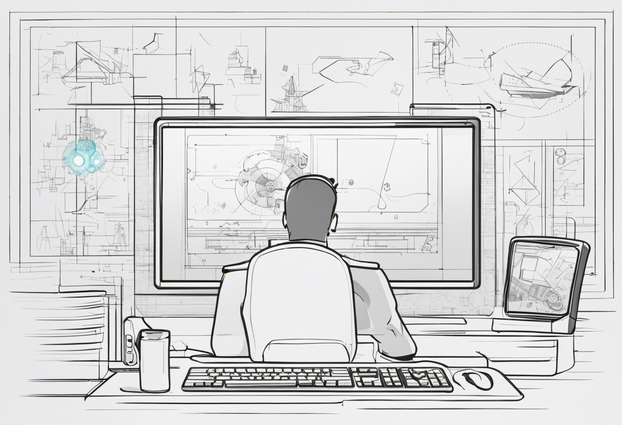 A game developer focused on a monitor displaying 3D game graphics, surrounded by concept sketches and designs