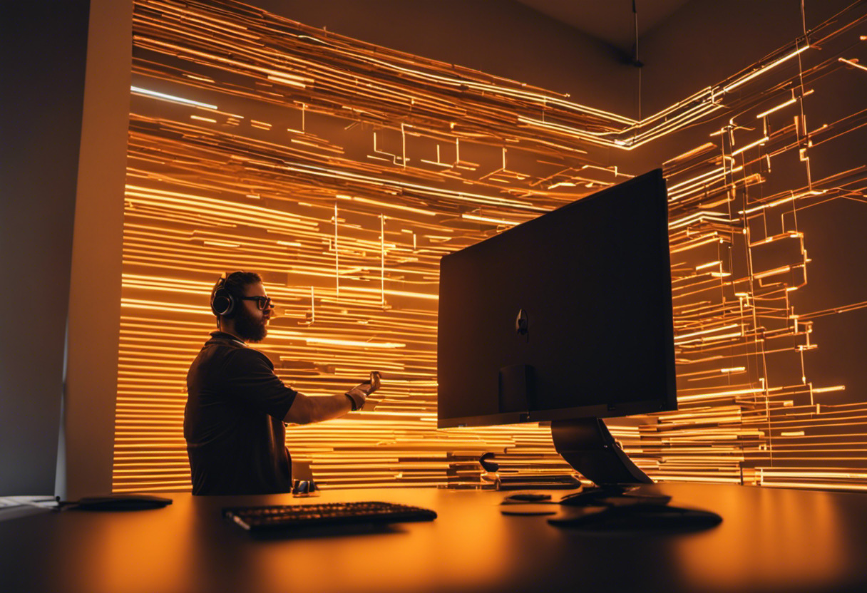 A serverless developer, engrossed in lines of code displayed on a triple monitor setup in a modern workspace