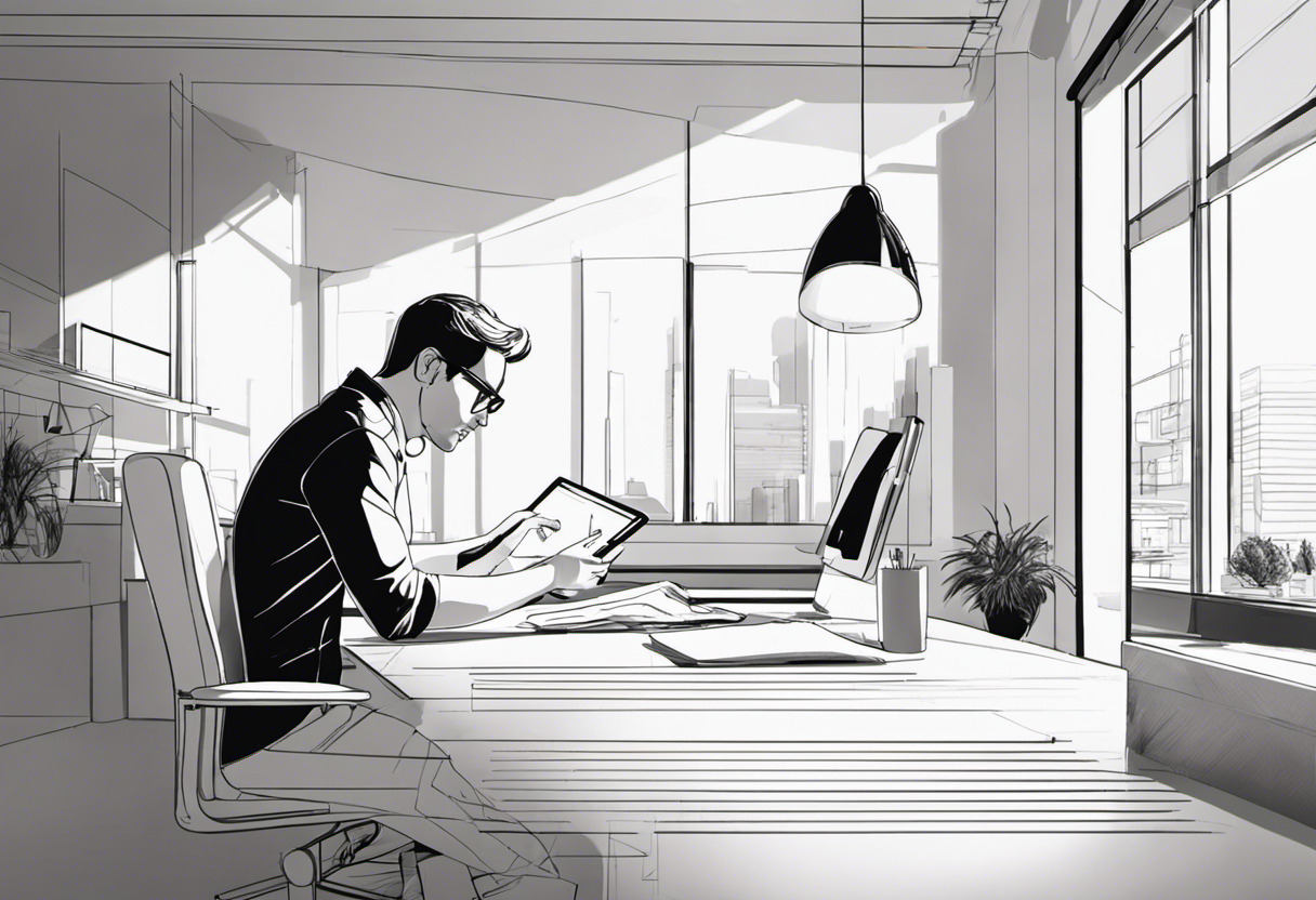 an architect busy sketching in a sunlight-filled office with a 3D model displayed on their iPad