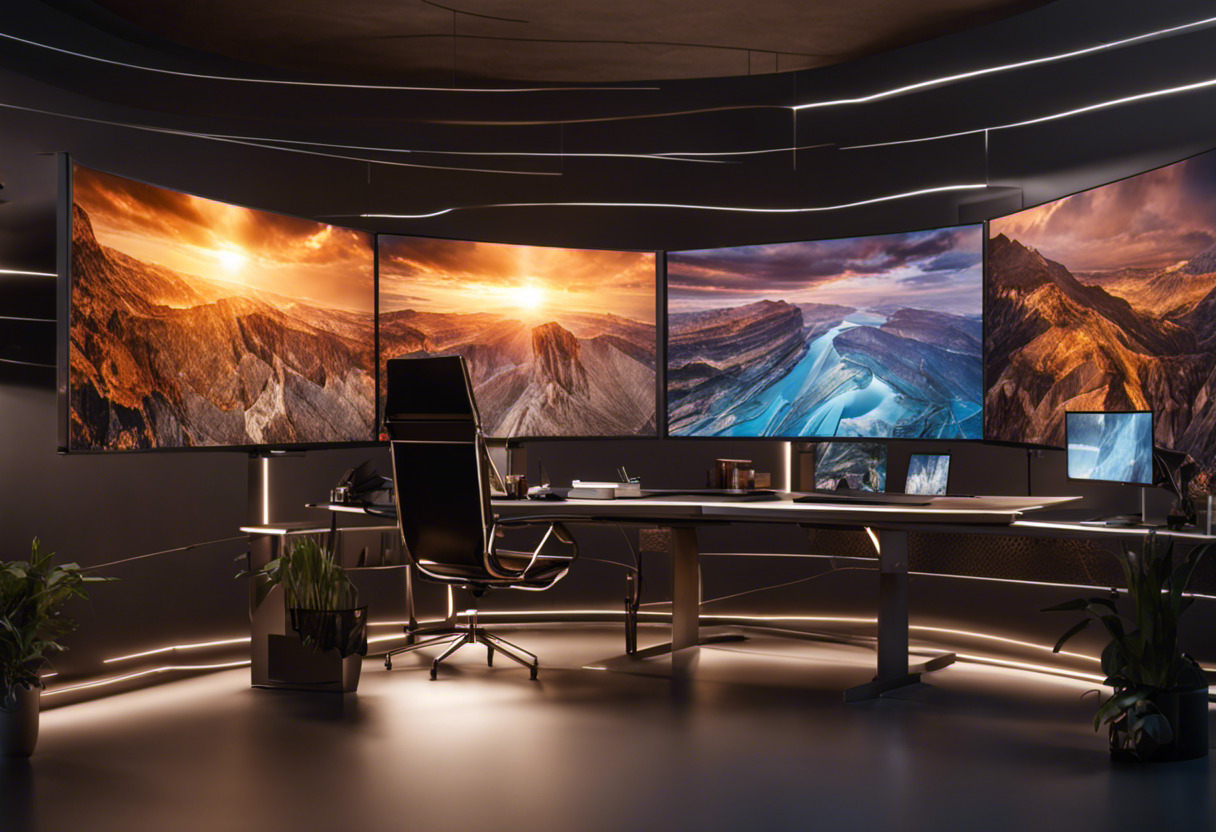 Artist working on a complex 3D visuals on a multiple-screen, high-spec workstation