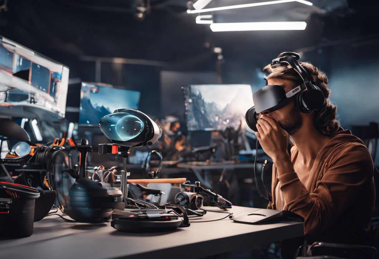 AR/VR creators wearing VR headsets, navigating the interface of Lens Studio. Their workspace is filled with advanced tech equipment.
