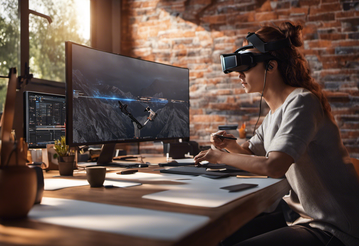 AR/VR game designer at a dual-screen workspace, immersed in crafting a detailed virtual landscape