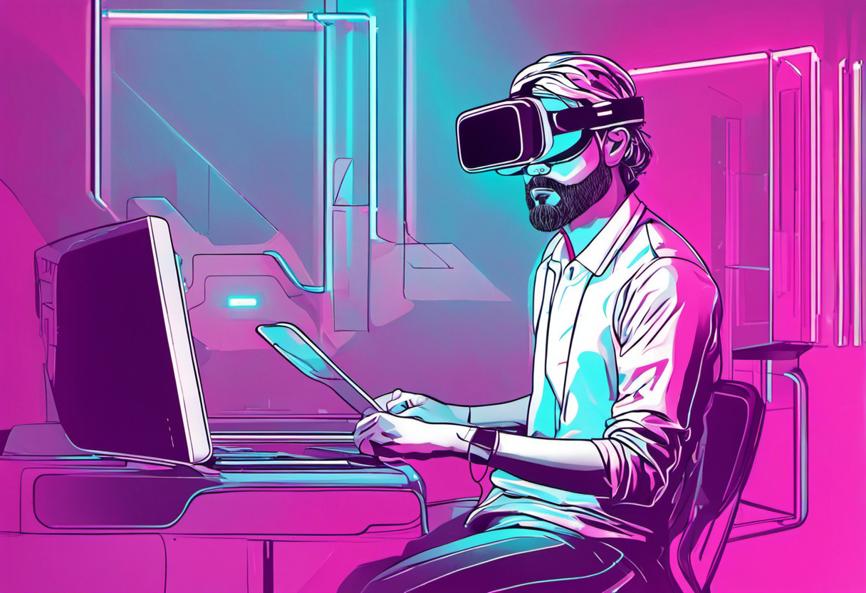 AR/VR tech innovator adjusting VR headset under cool neon light