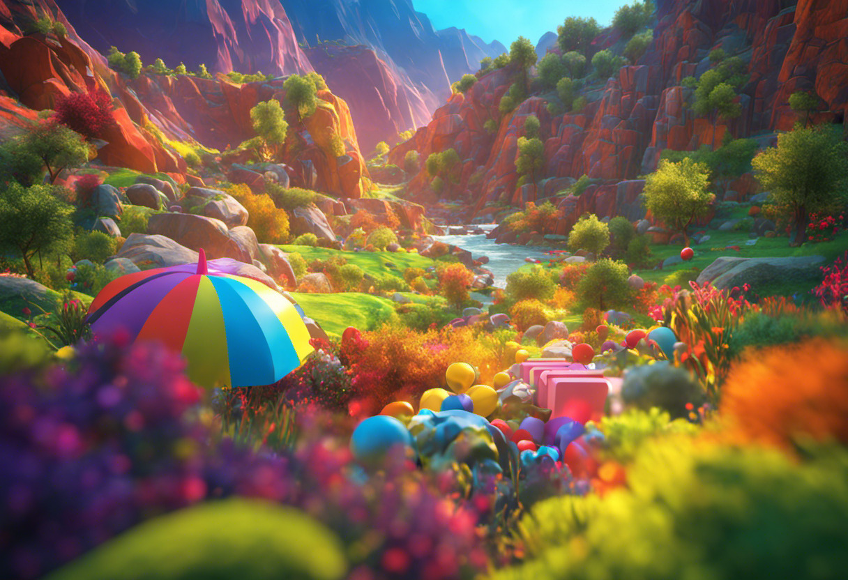 Colorful 3D gaming character set in an engaging computer-generated landscape