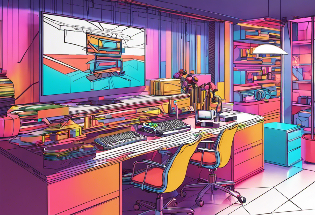 Colorful 3D rendering of a gaming world on a Bevy engine, in a modern developer workspace