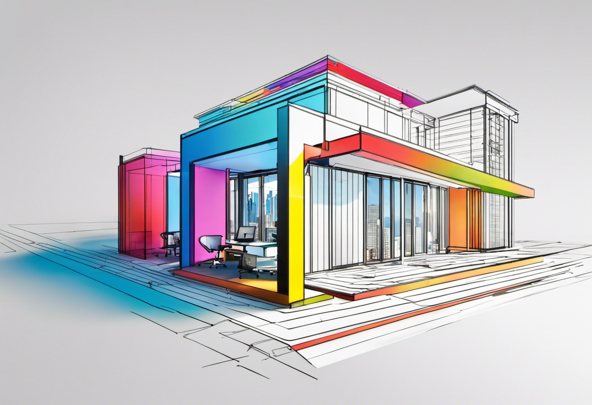 Colorful architect designing a building using 3D modeling software in an urban studio