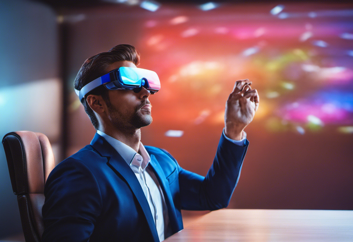 Colorful businessman trying out AR glasses in a virtual conference room