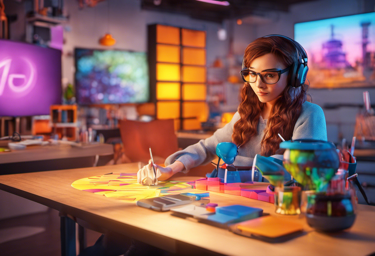 Colorful depiction of a 3D animator utilizing Blender in a cutting-edge animation studio