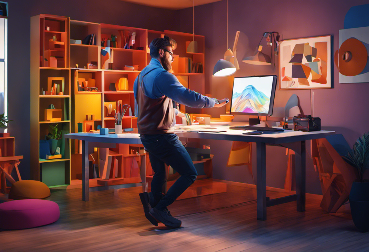 Colorful depiction of a design artist immersed in creating an AR project via ZapWorks, in a modern digital workspace
