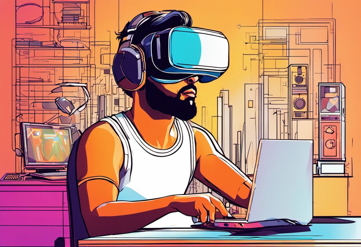 Colorful depiction of a developer crafting a unique virtual reality game in a creative studio