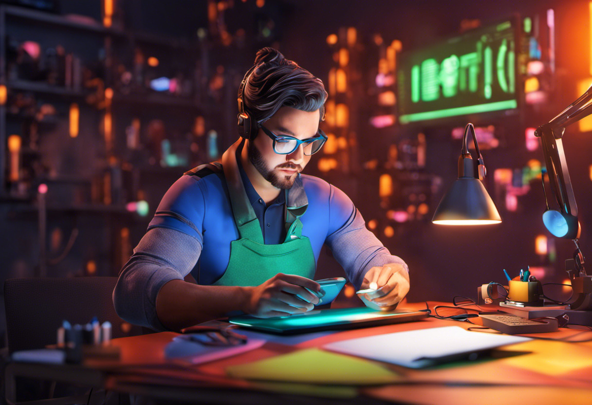 Colorful depiction of a developer working on Unity in a tech-savvy workshop