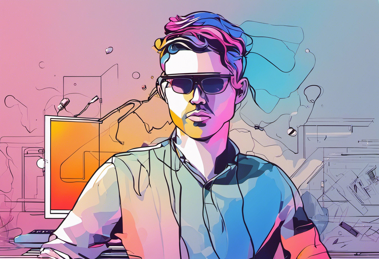 Colorful depiction of a digital artist immersed in 3D modeling in a creative studio