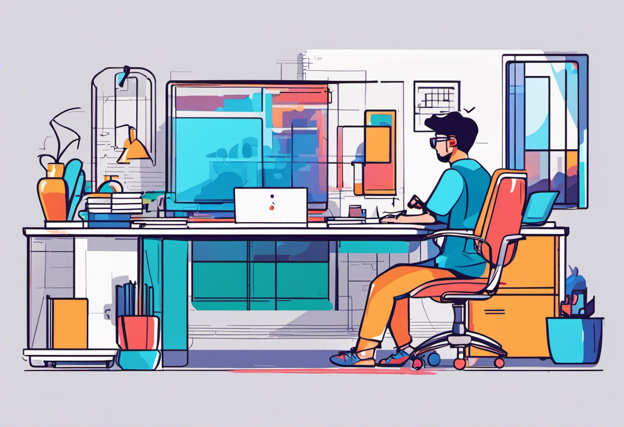 Colorful depiction of a game developer at their workstation, working with the MonoGame framework