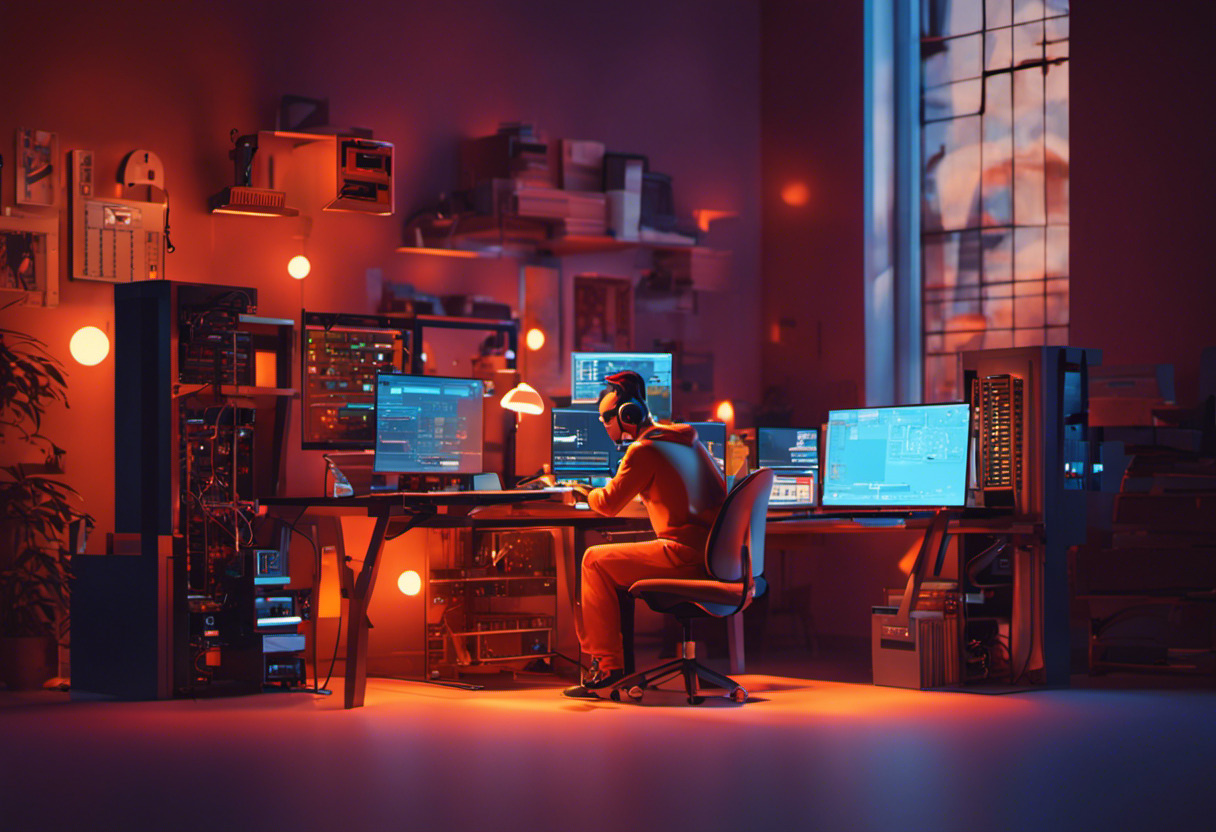 Colorful depiction of a programmer using Pygame in a tech workspace