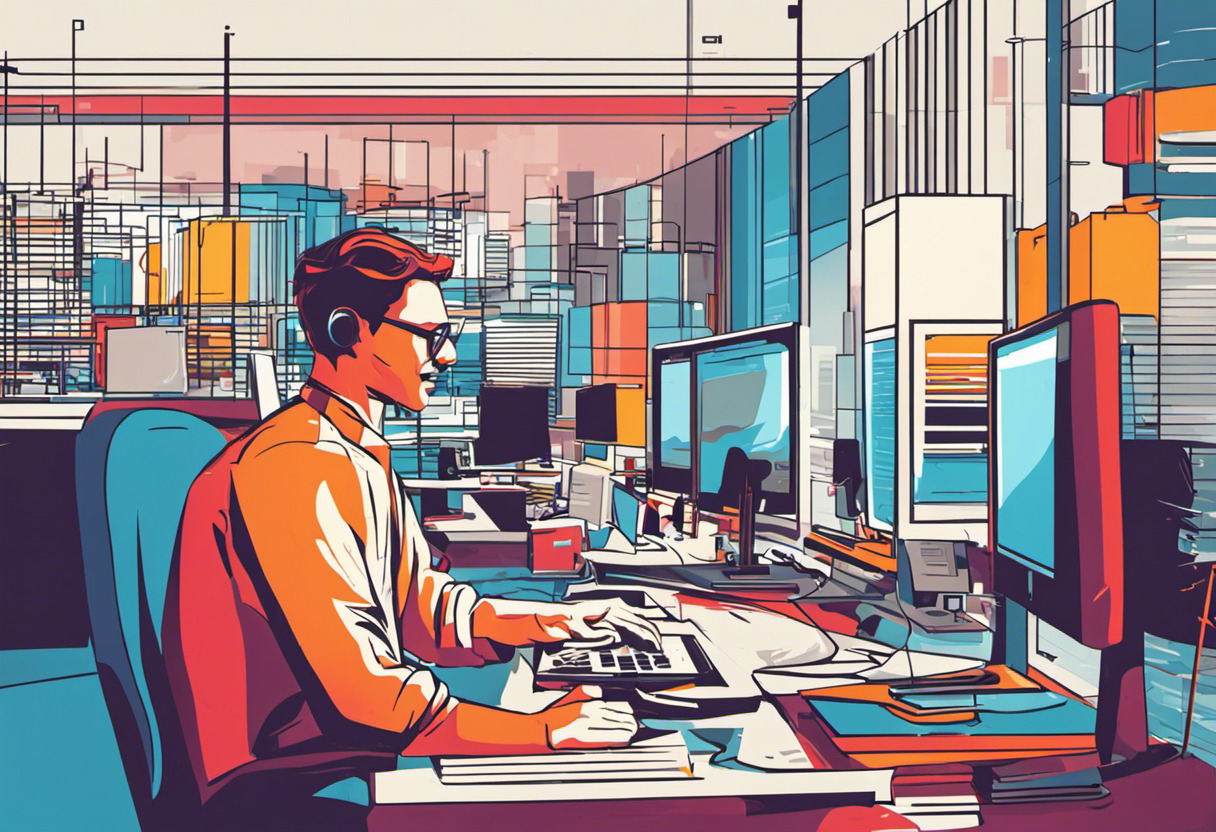 Colorful depiction of a programmer working on a WASM code in a busy technology office