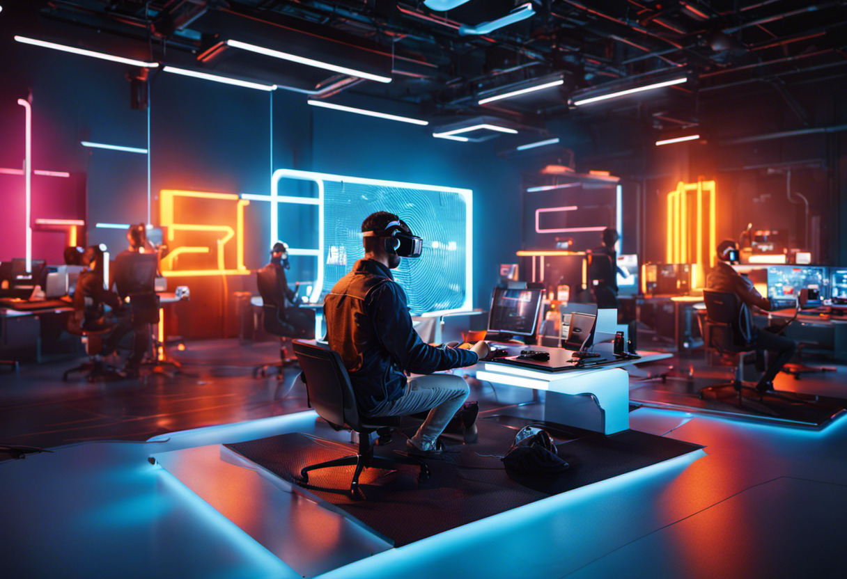 Colorful depiction of game developers immersed in virtual reality coding, against the backdrop of a high-tech lab