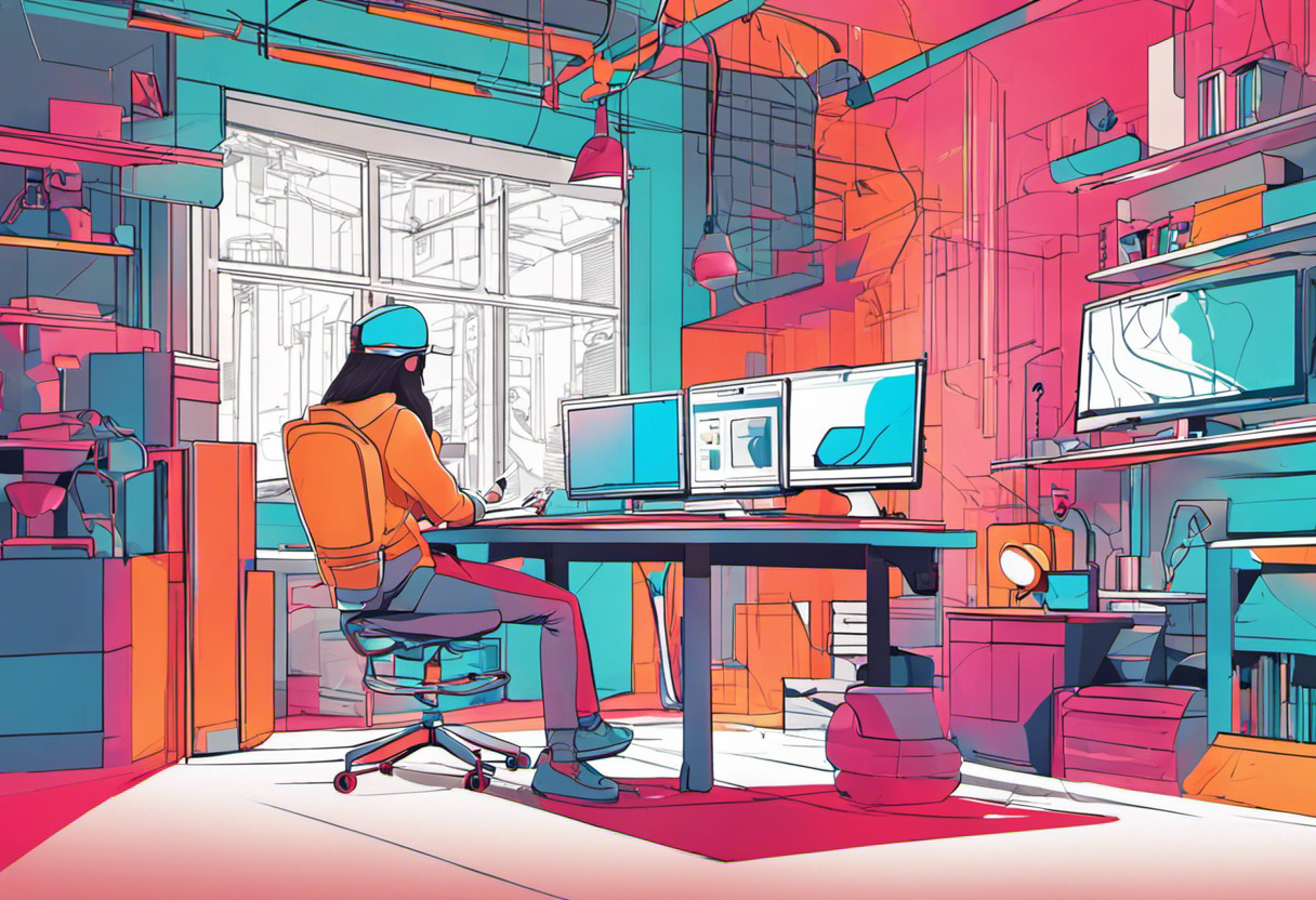 Colorful illustration of a 3D artist using Mudbox in a high-tech design studio