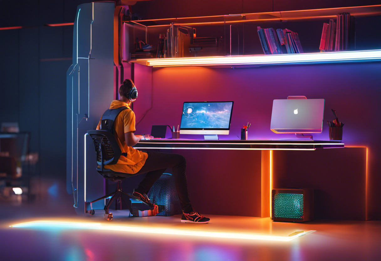 Colorful image featuring an AR developer working on the 8th Wall platform in a tech-infused workspace