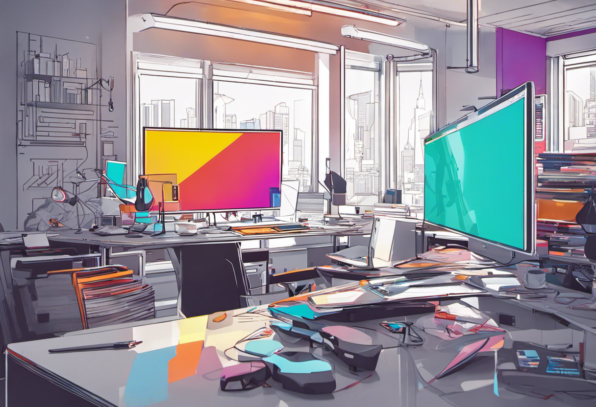 Colorful image of a game developer utilizing Substance Painter to construct detailed 3D game artifacts in a lively office