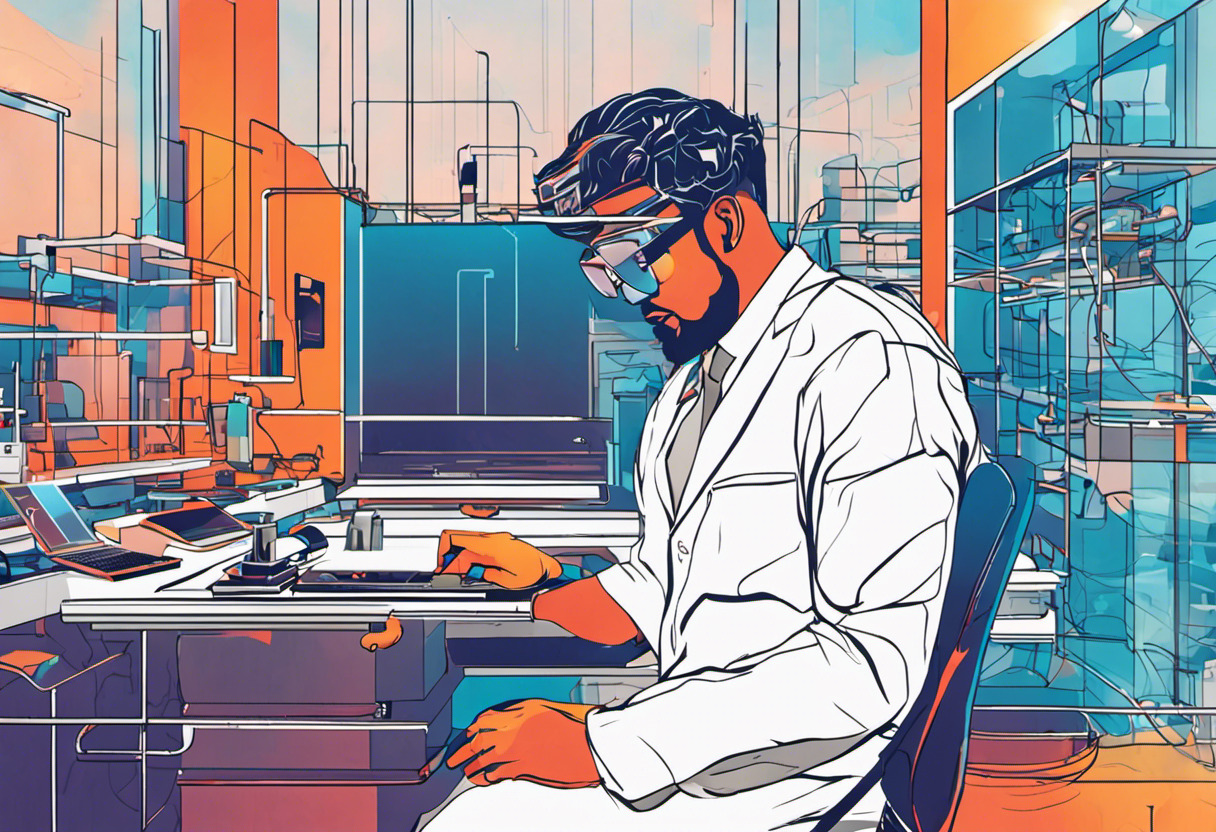 Colorful image of a tech professional utilizing WebAR.rocks technology in a cutting-edge laboratory