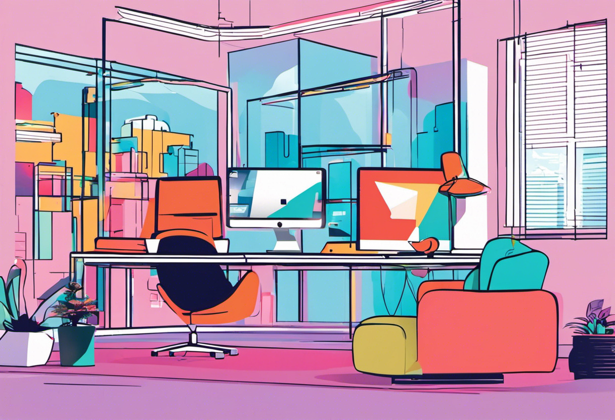 Colorful image showcasing a developer immersed in game creation with Unity in a tech-savvy office