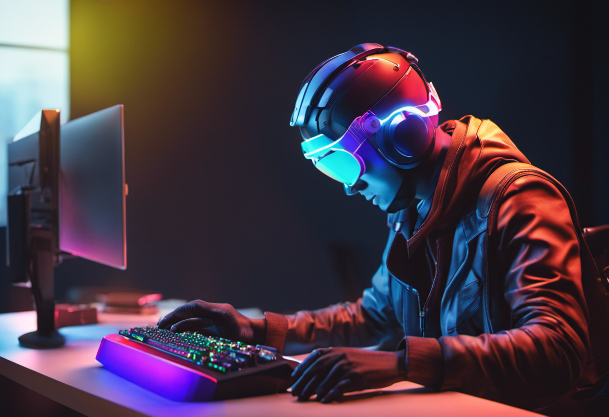 Colorful imagery of a programmer creating a game on a Windows desktop