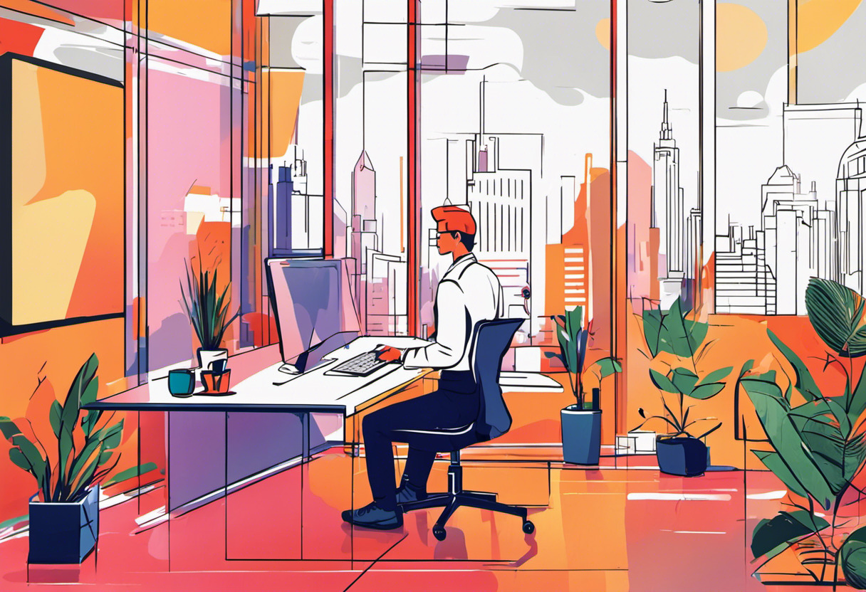 Colorful picture of a youthful entrepreneur utilizing the mission-driven 8th Wall's platform at a modern workspace