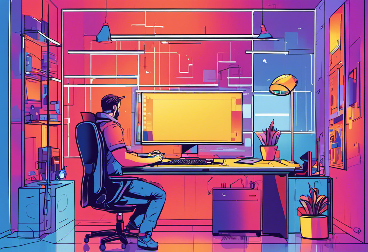 Colorful scene depicting a game developer, immersed in his computer, working in a modern tech workspace