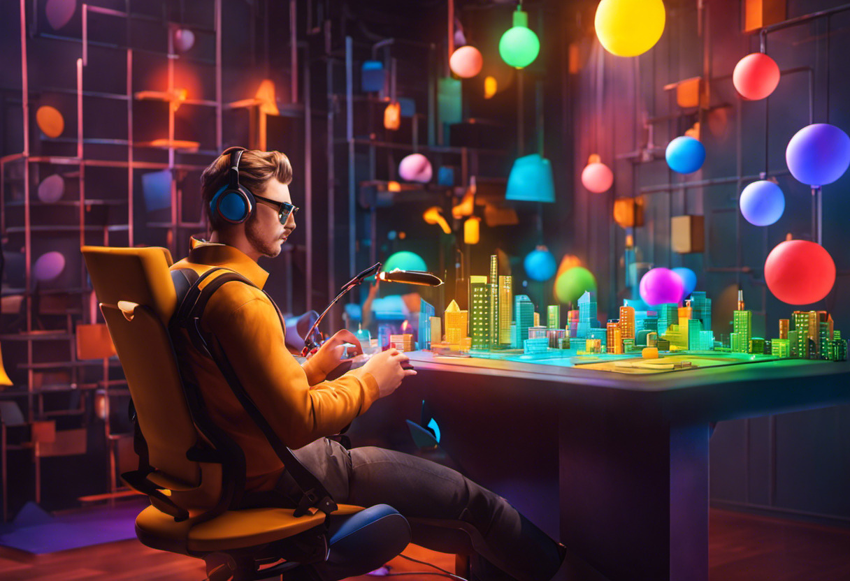 Colorful scene of a game developer brainstorming designs on Unity platform