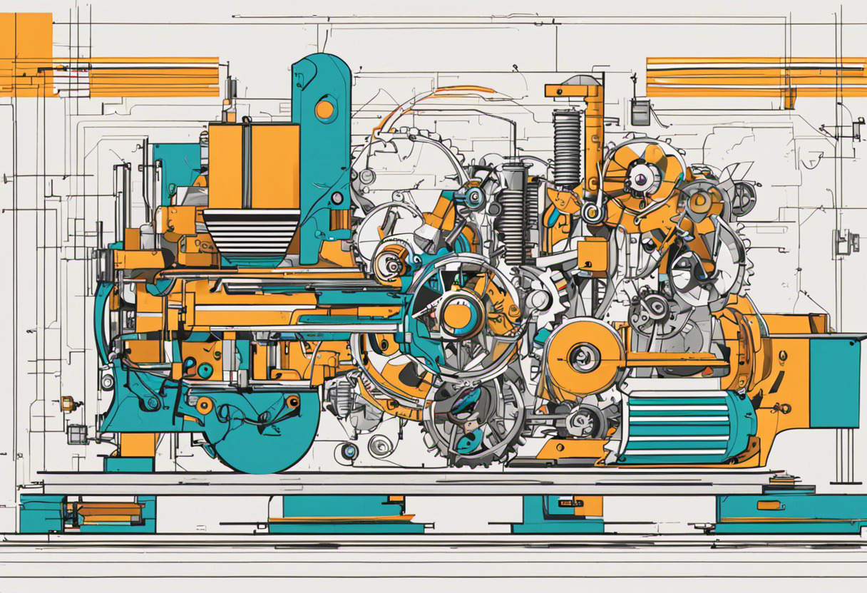 Colorful schematic of a mechanical gear system in a design lab