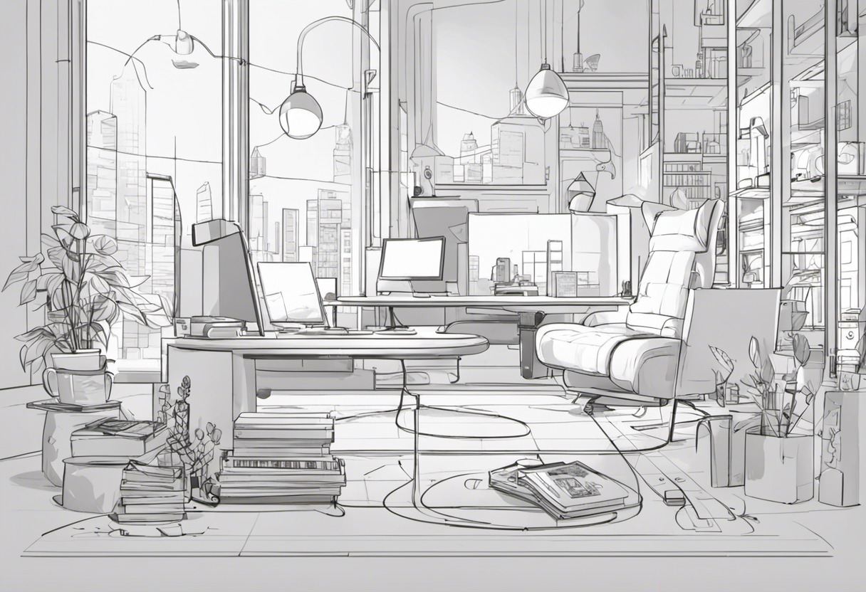 Designer engaged in creating a 2D game environment, surrounded by concept sketches and a tablet displaying the game character.