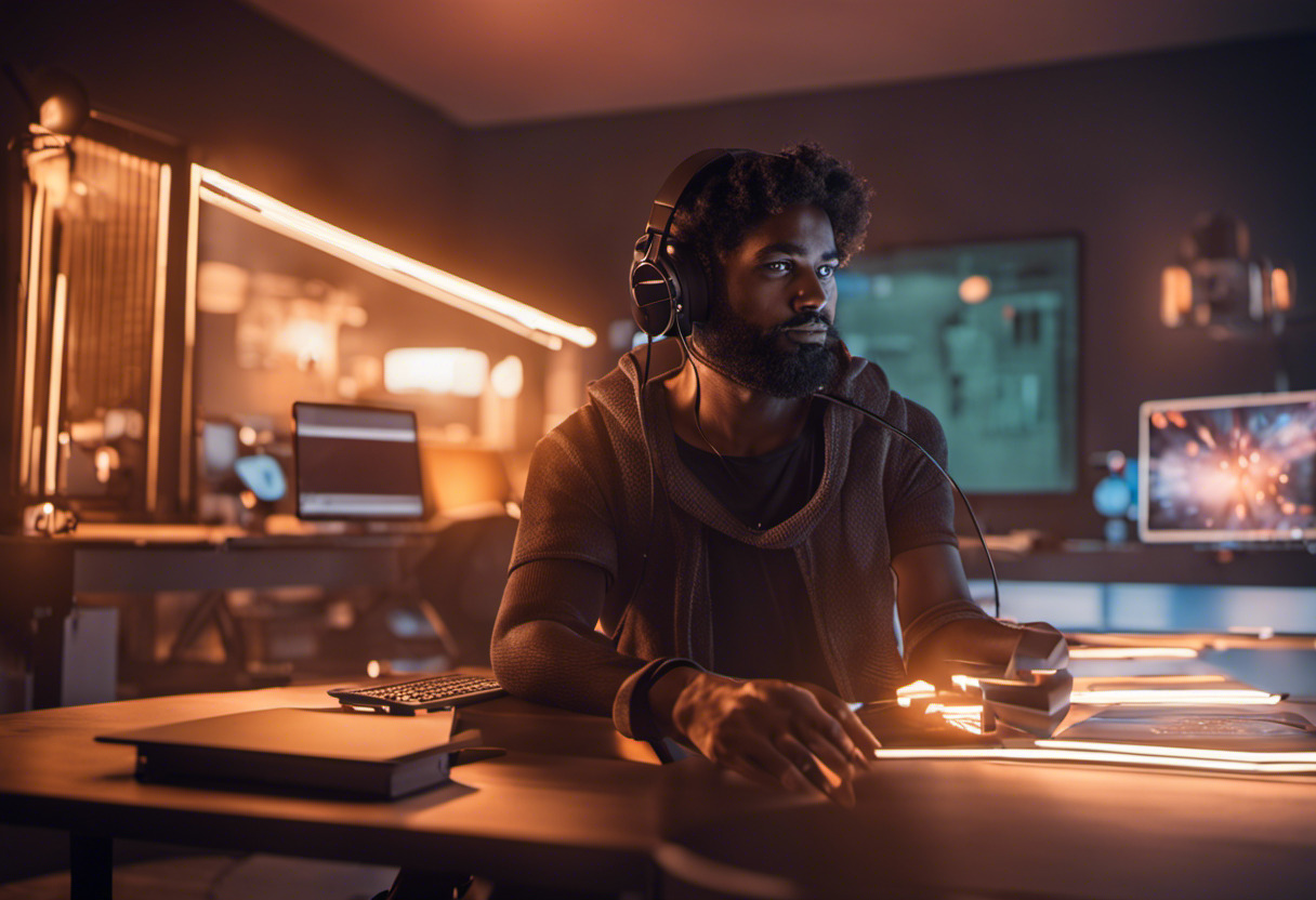 Focused developer creating a 3D virtual game in a dimply lit room