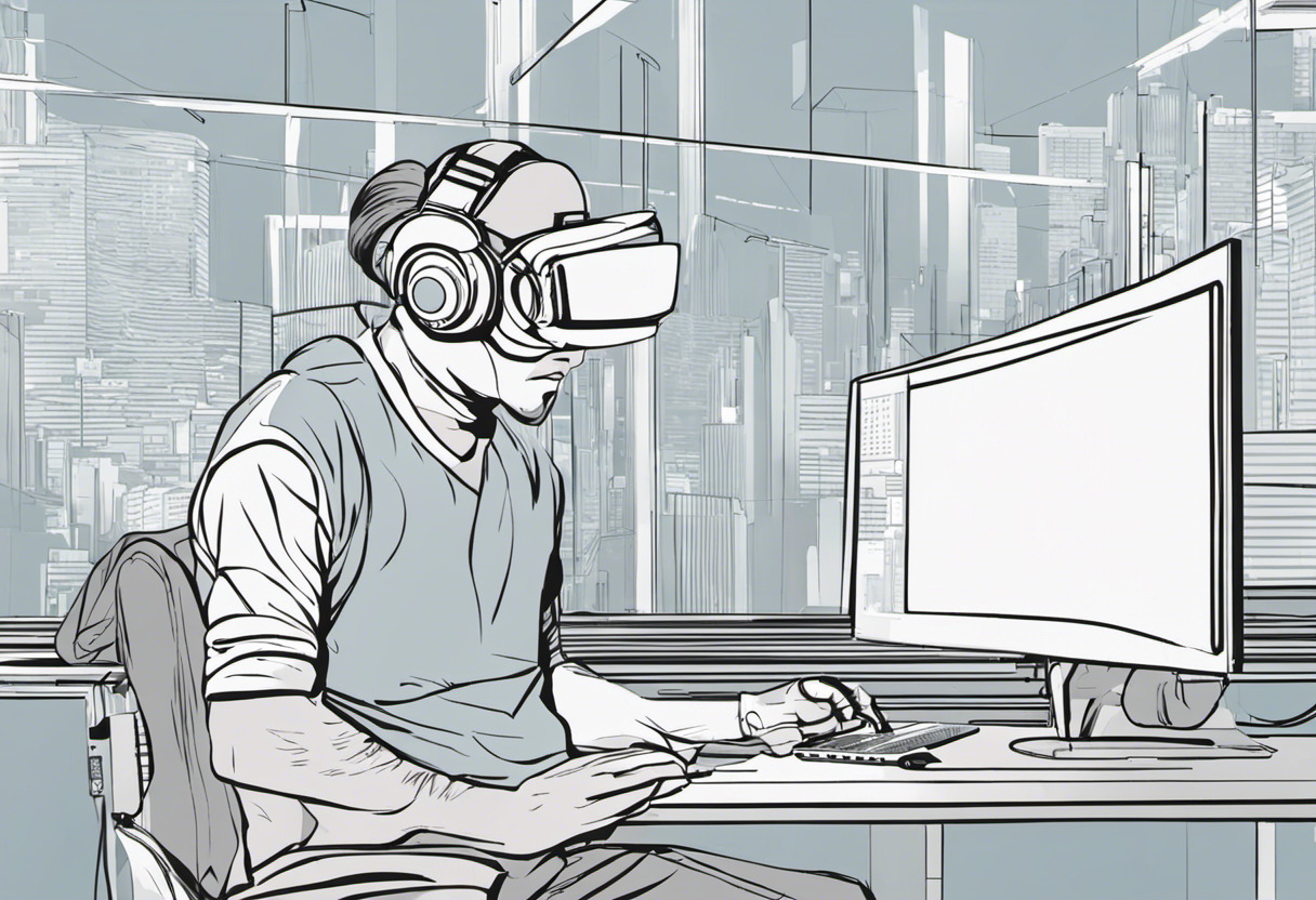 Focused developer engrossed in coding, amidst AR/VR equipment