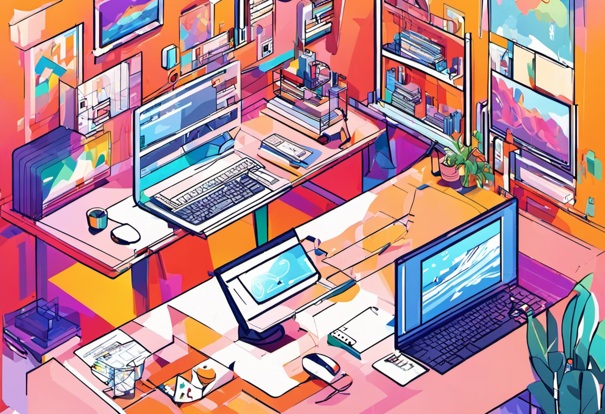 Game maker immersed in a creative process, multiple game platforms scattered around a large, colourful workspace