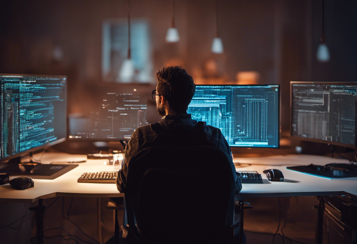 Indie developer scrutinizing code on a monitor in a late-night coding session