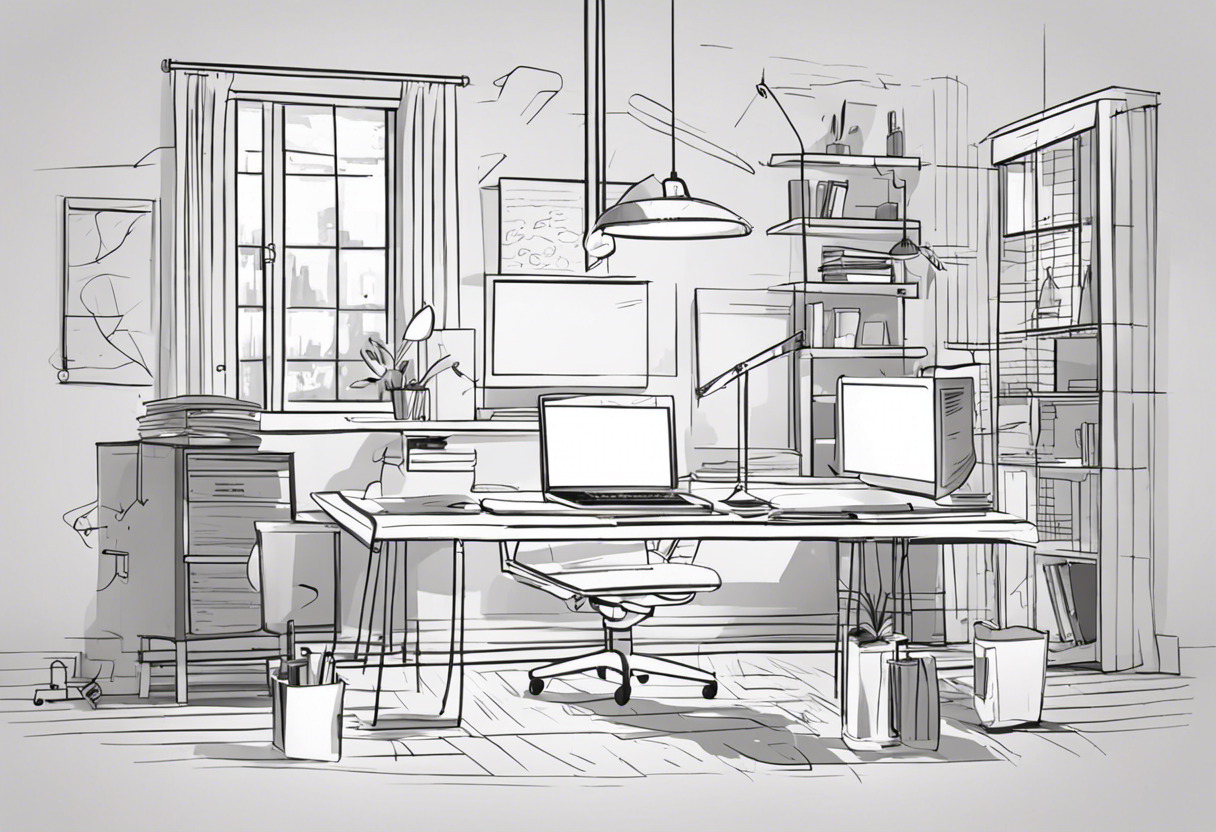 Indie game developer brainstorming game concepts amidst sketches and notes in a home office
