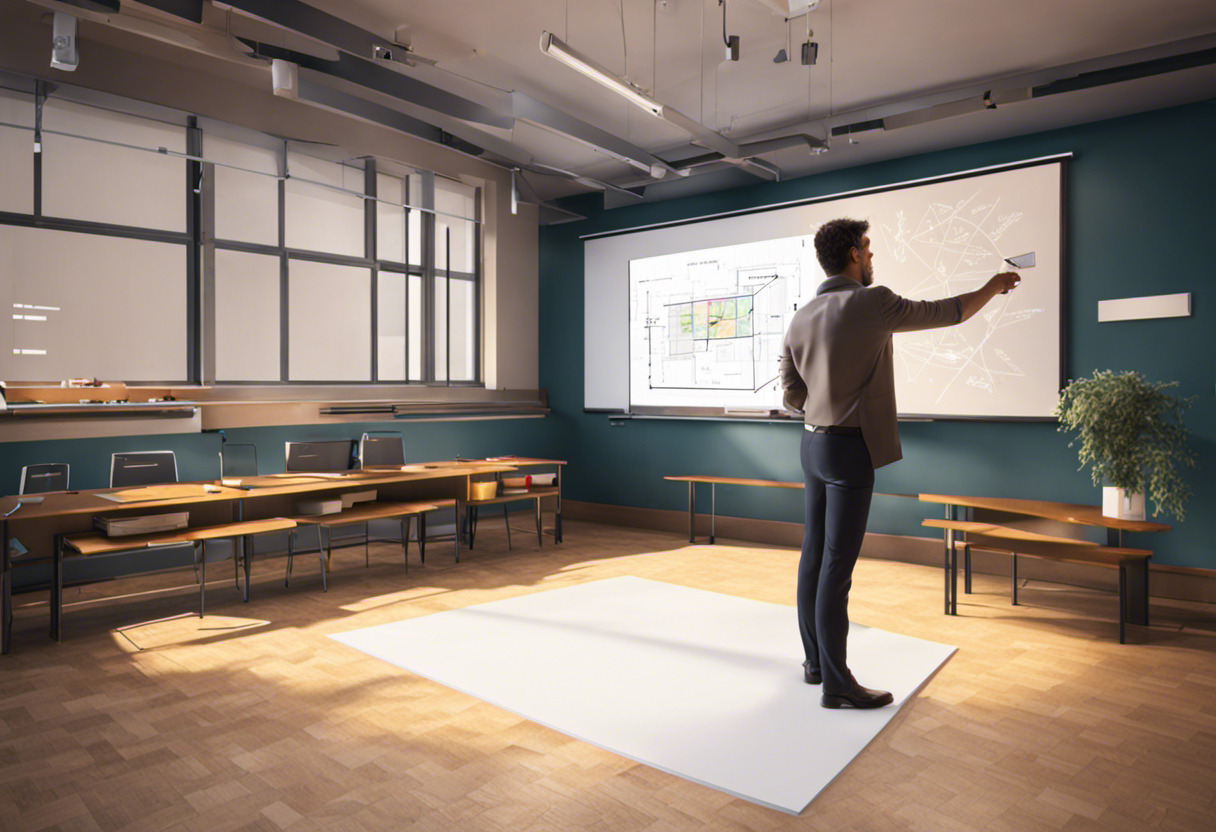 Teacher pointing at AR diagram on a classroom smartboard operated with ZapWorks