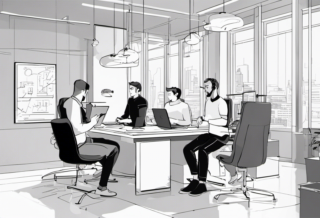 Team of developers in a tech corporation brainstorming in their high-tech workspace