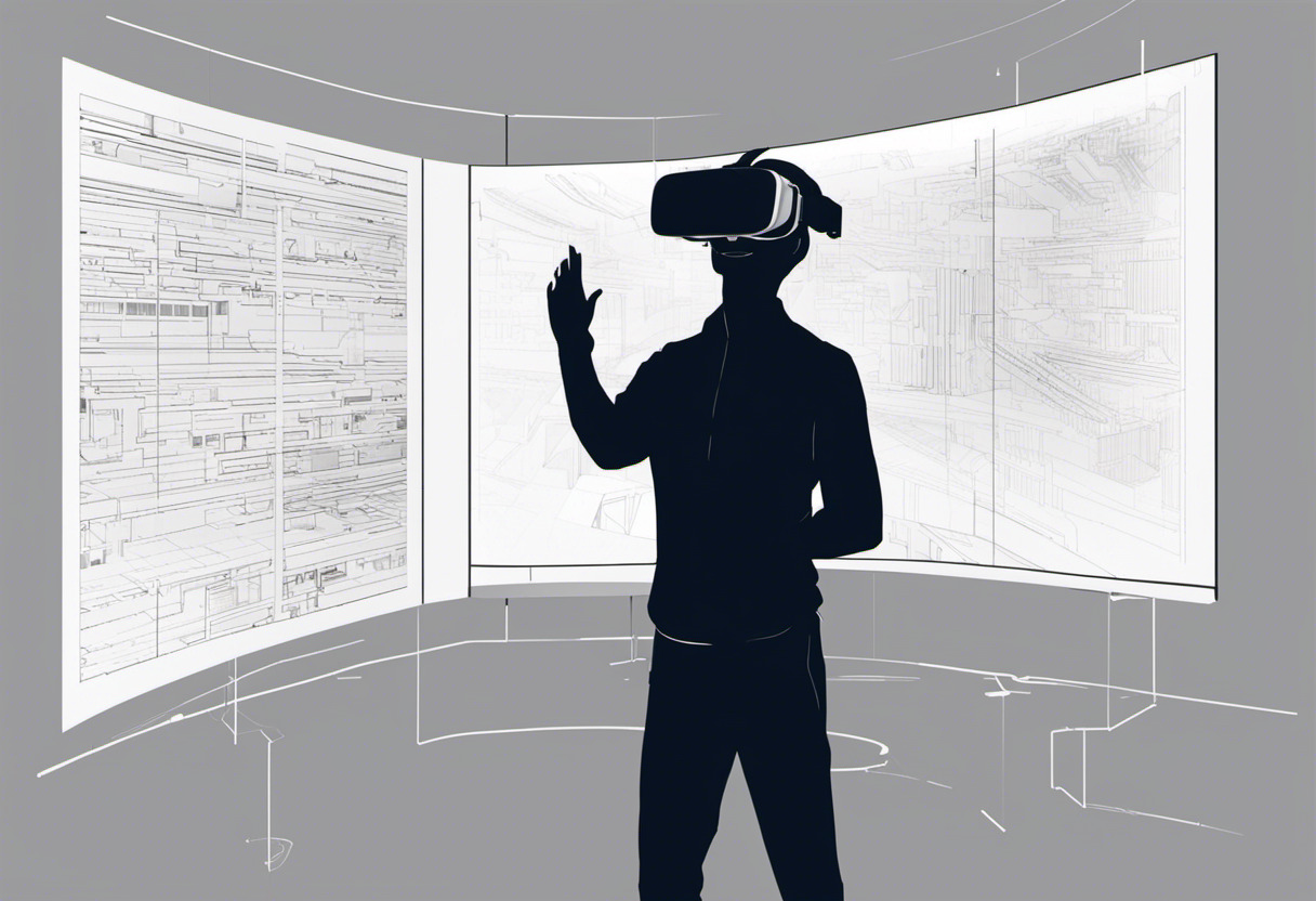 Tech pioneer, using VR headsets and gesturing in front of a large screen displaying code