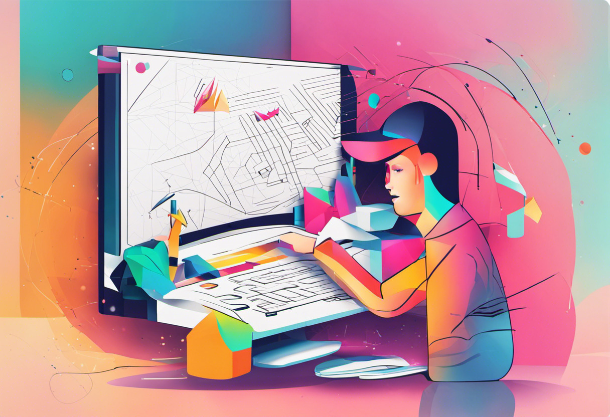 Web designer, focused on a visually captivating web design amidst a colorful p5.js code