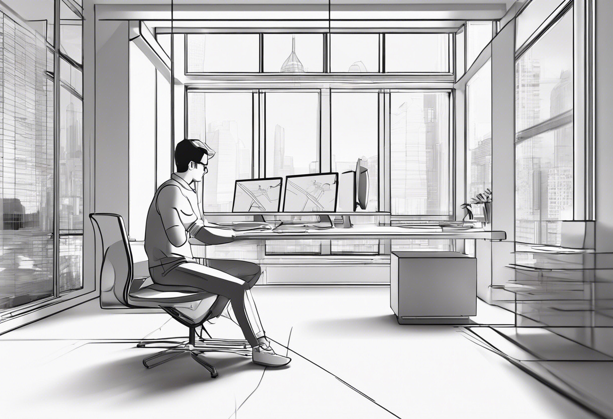 3D animator meditating on advanced design projects in an ultra-modern workspace