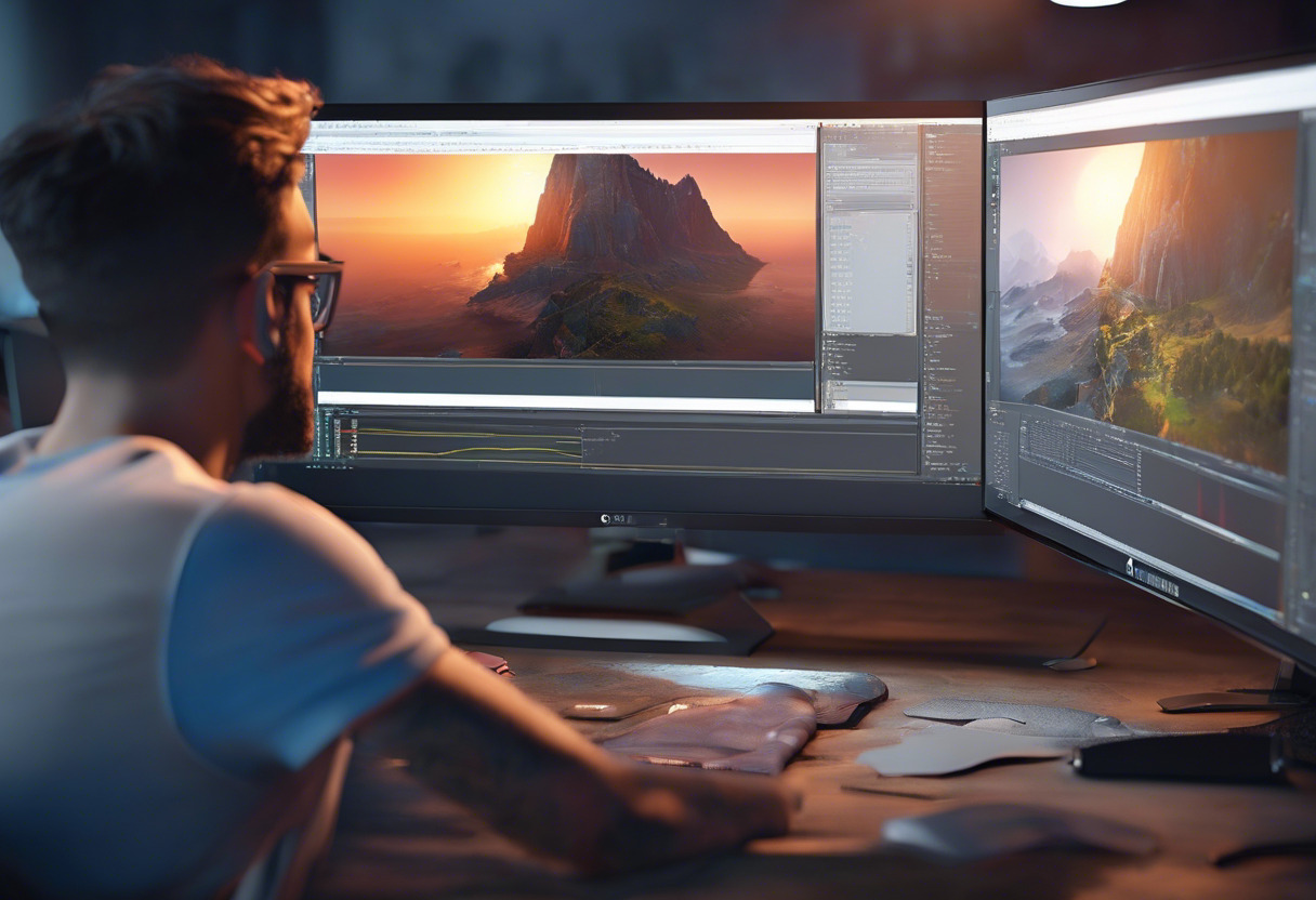 3D artist analyzing game character rendering on his dual monitor
