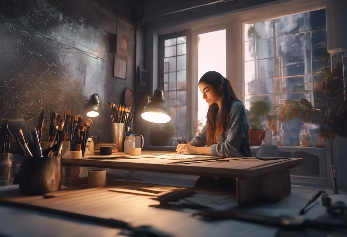 3D artist at work, hand-drawing in 3D space, surrounded by various virtual brushes, immersing herself in her creations.