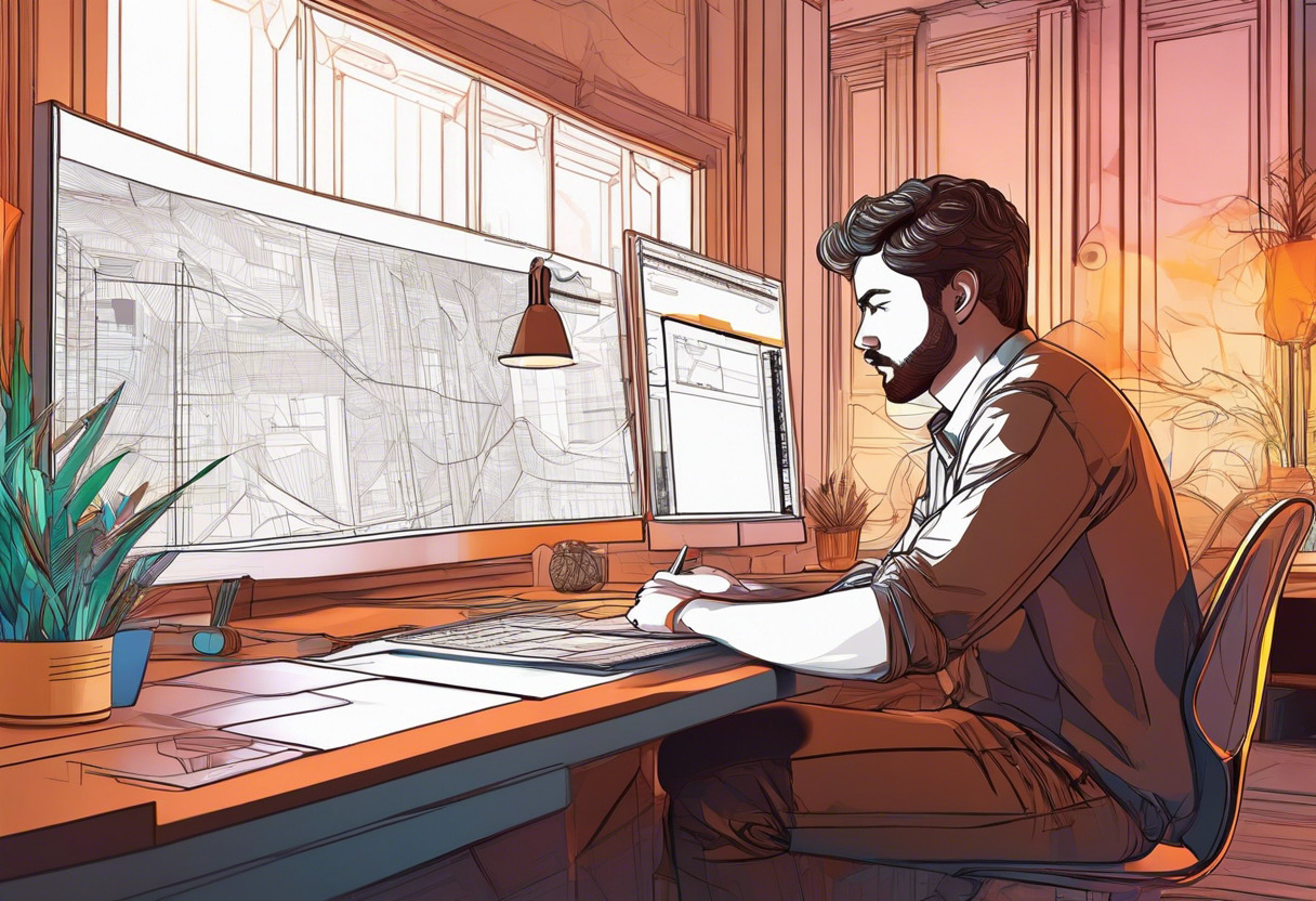 3D designer with short brown hair, engrossed in his intricately crafted design on AutoCAD, in a technicolor lit room.