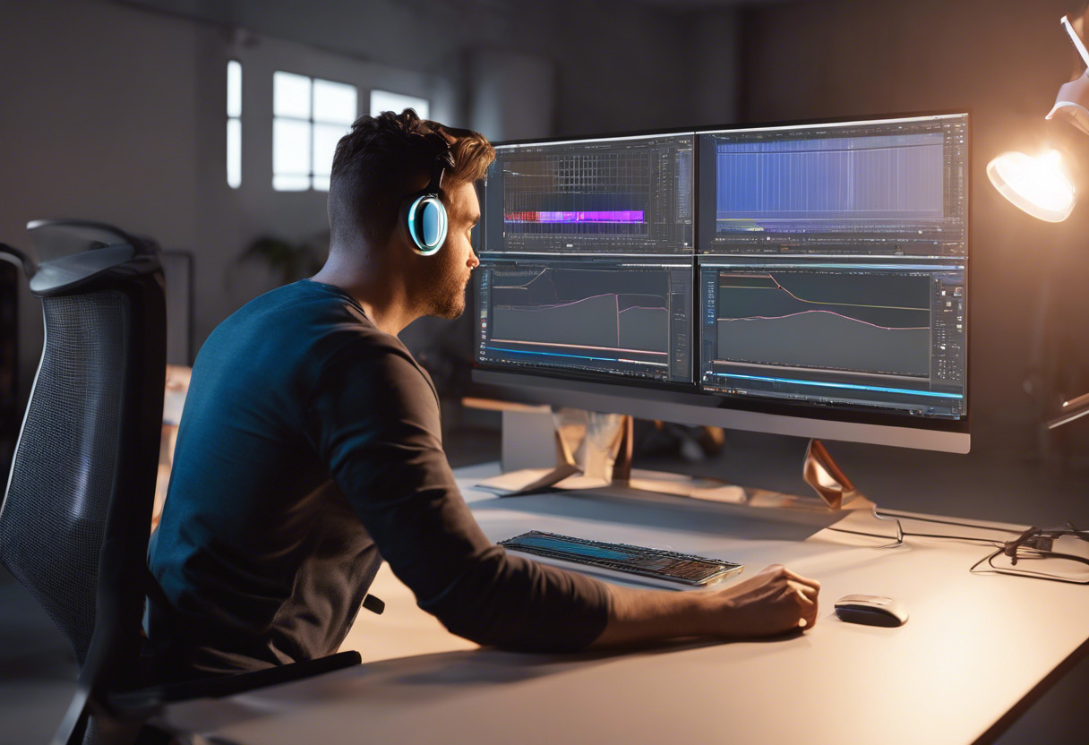 3D developer reviewing Blender features on a multi-screen setup in a spacious studio.