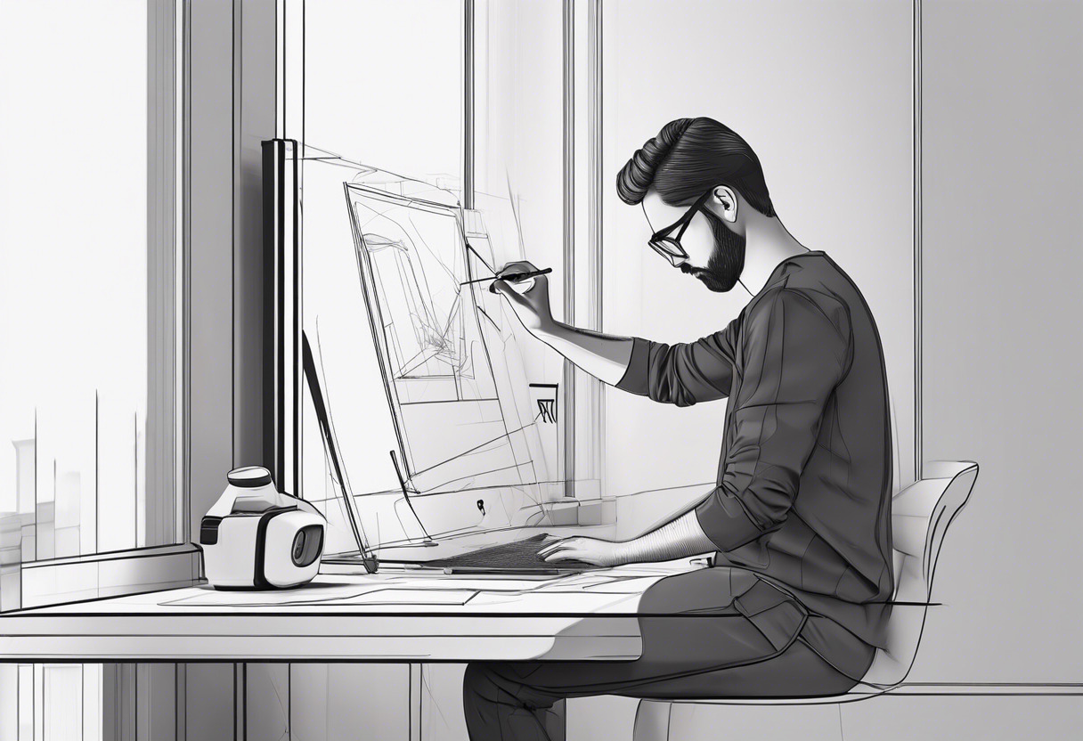 A 3D artist using a digital drawing tablet working with Blender