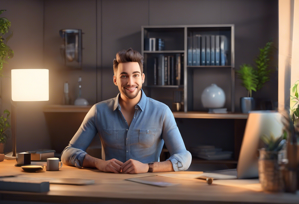 A budget-conscious developer using Daz Studio with a satisfied smile in an in-house studio setup
